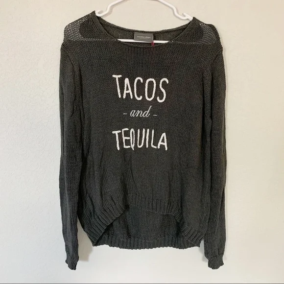 NWT Wooden Ships Tacos and Tequila Sweater Knit Top Crew Grey Bold Ink Sz S/M - Picture 2 of 6